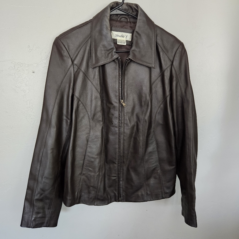 Studio Y Vintage Women's XL Brown Leather Jacket Full Zip Structured Y2K 90s